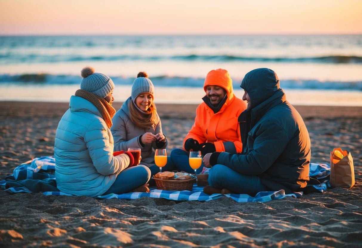 En familie sidder på stranden iført varmt solbeskyttende tøj og nyder en solnedgangspicnic